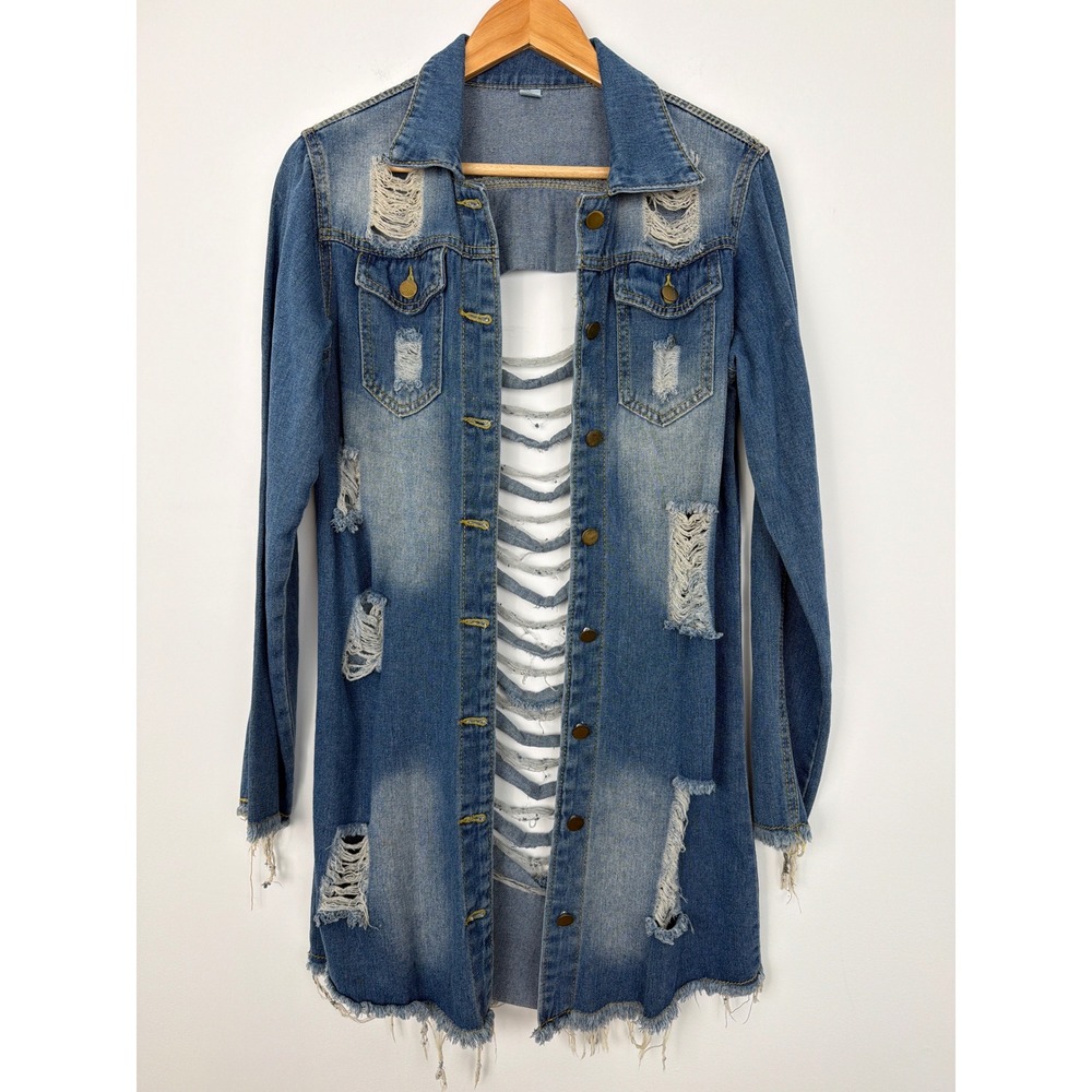 Distressed Denim Jacket Duster XL Blue Edgy Grunge Indie Sleaze